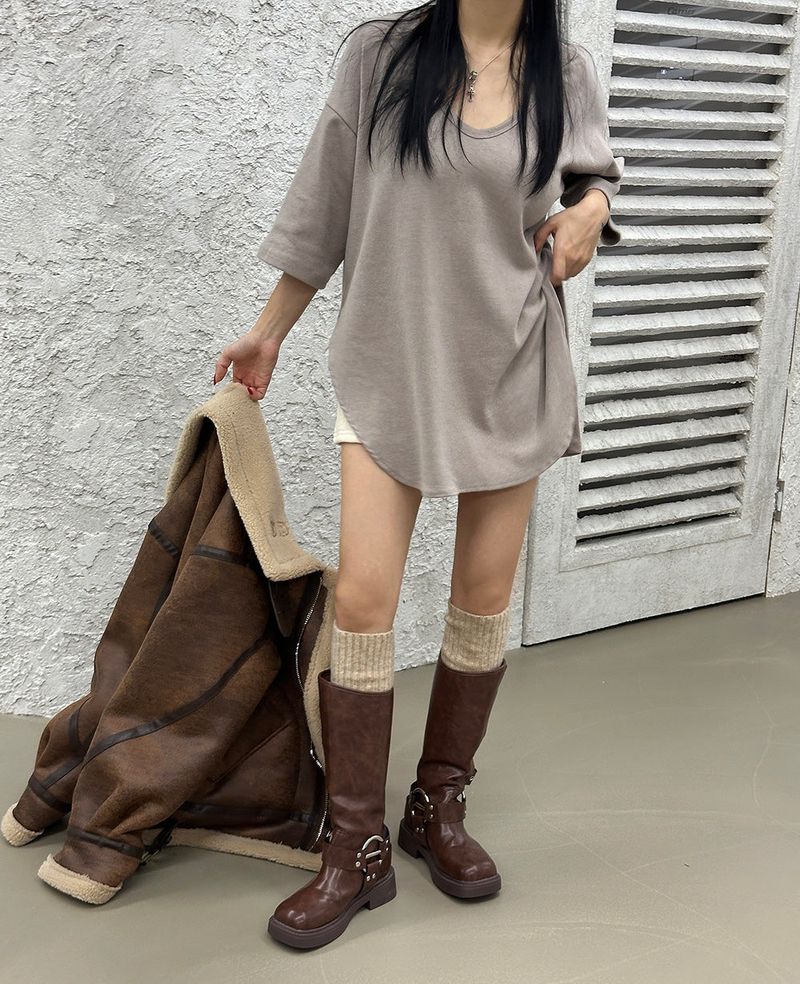 Oversized Fit Leather Wool High-Neck Mustang