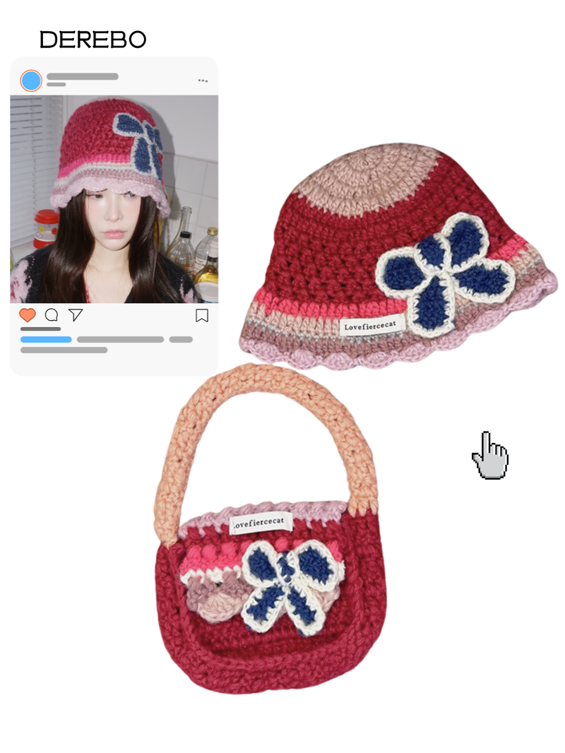 Hot Pink Knit Flower Bunk Hat & Bag Set