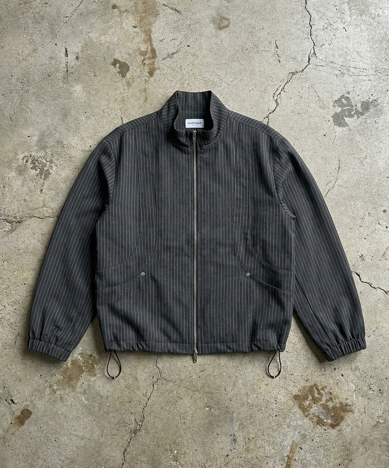 Minimalist Structural Aesthetic Drawstring Hem Striped Stand Collar Jacket