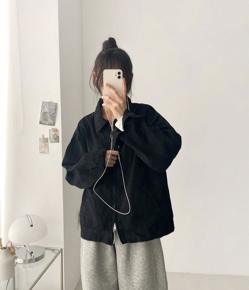 Rentto Basic Collar Zipper Loose Fit Cotton Jacket