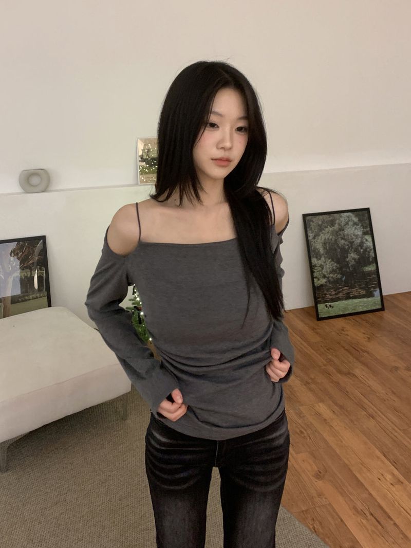 Jenn Muse Off-Shoulder Strap Drape Long Sleeve Top