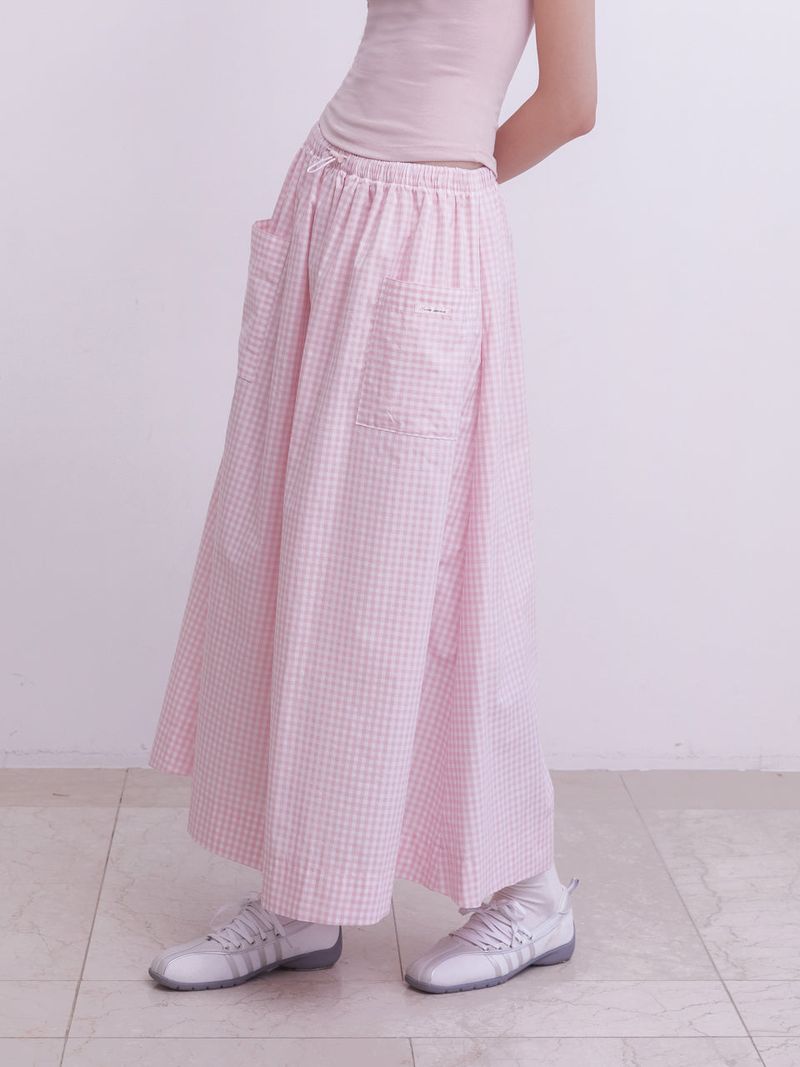 Gingham check pocket shirring Long skirt (PINK)