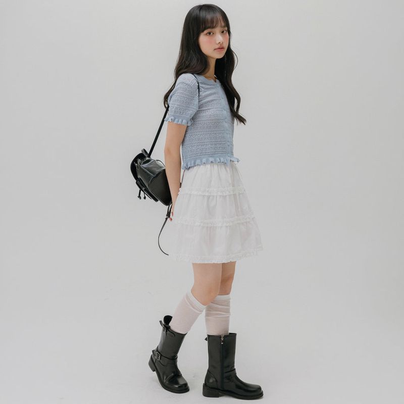 mellotory（メロートリー）の「CROCHET SHORT-SLEEVED KNIT CARDIGAN (LIGHT BLUE)（Tops）」