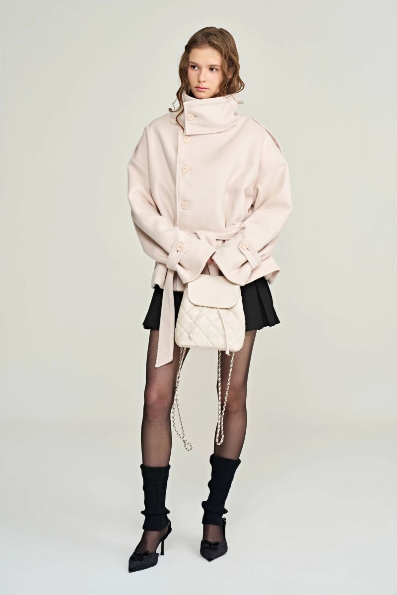 Cream rose high-neck wool coat, Baby Pink
