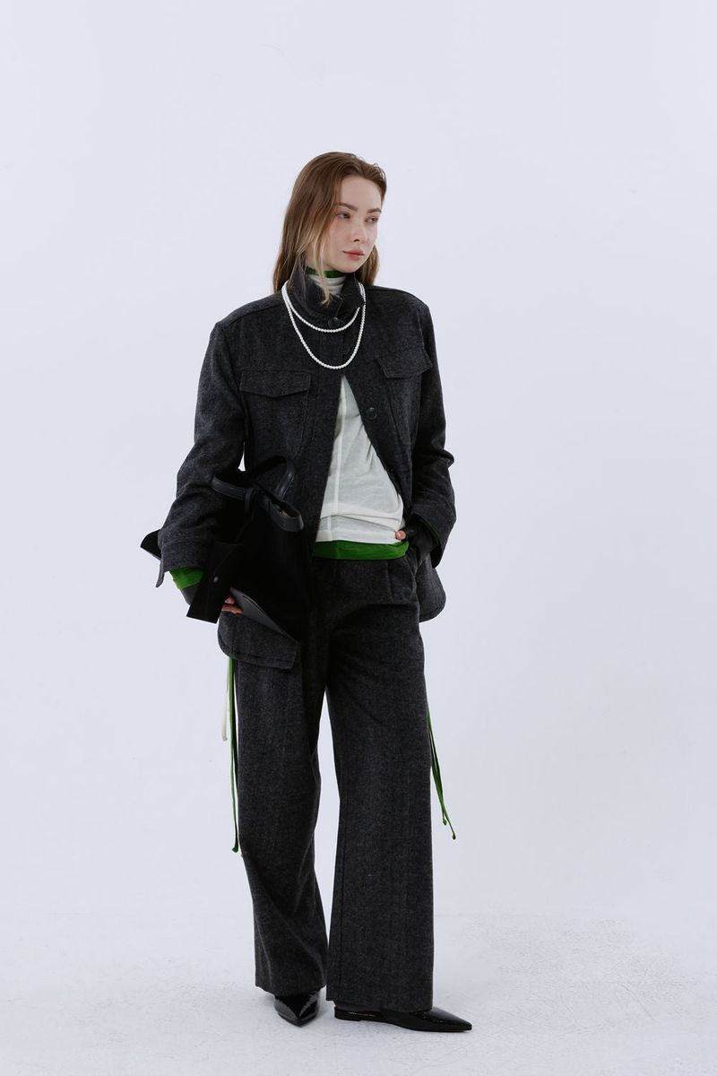 HERRINGBONE WOOL SLACKS PANTS_BLACK