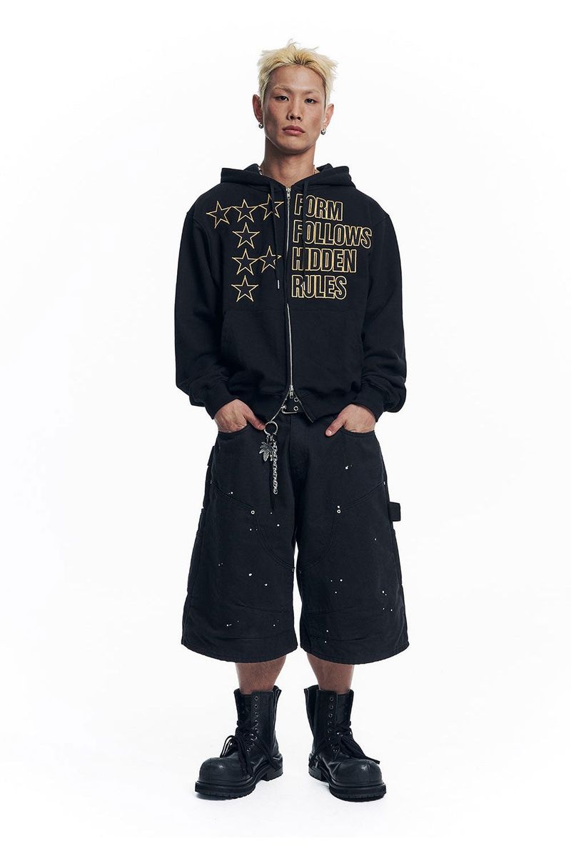 Star Lettering Patch Hoodie Zip-Up - Black
