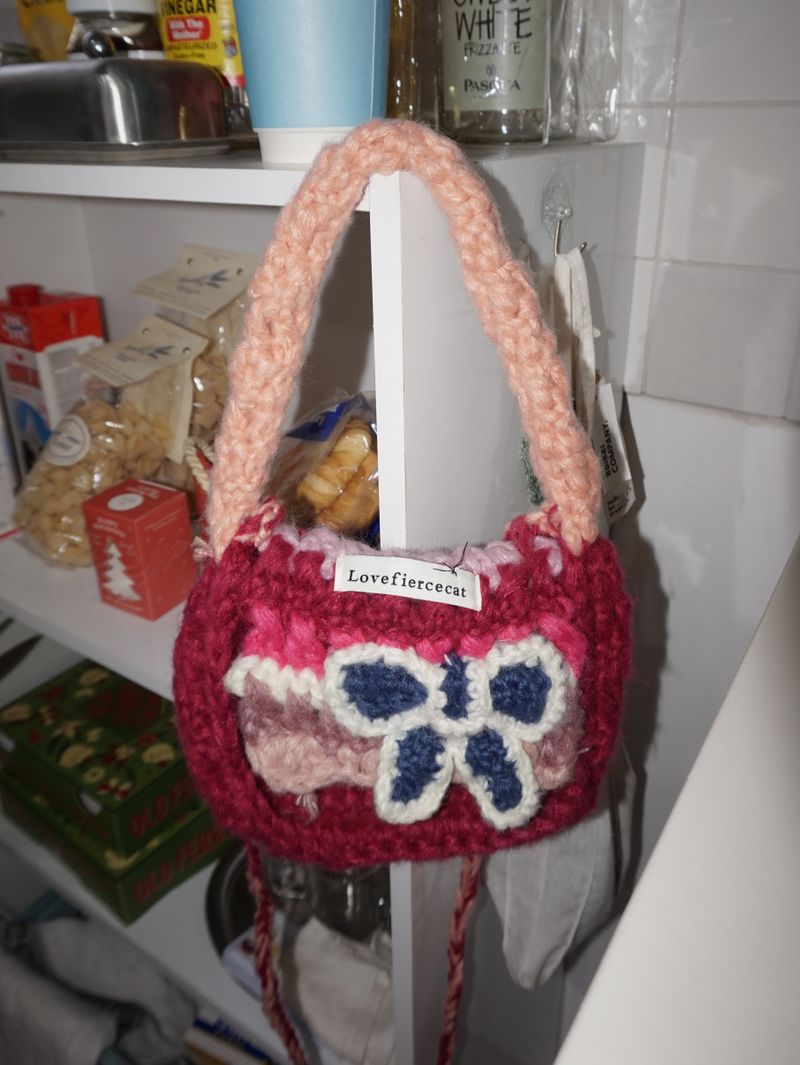 Hot Pink Knit Flower Bunk Hat & Bag Set