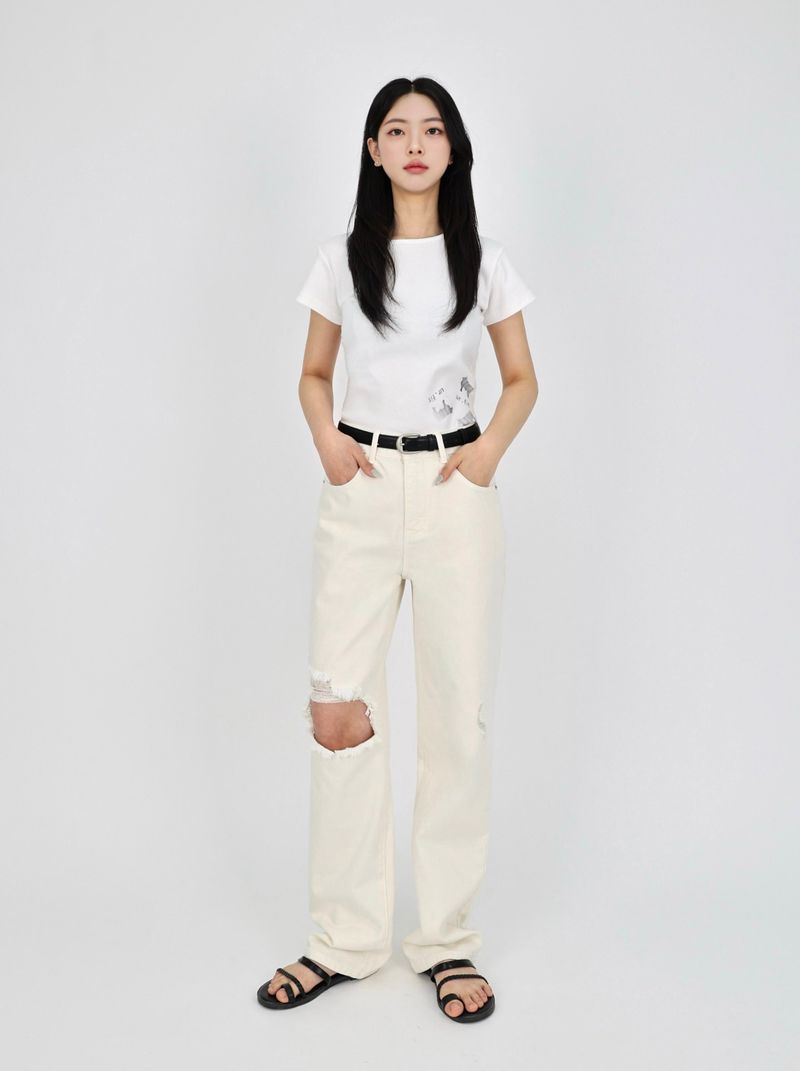 DESTROYED SLIM WIDE FIT DYING PANTS_ Cream White code 6836