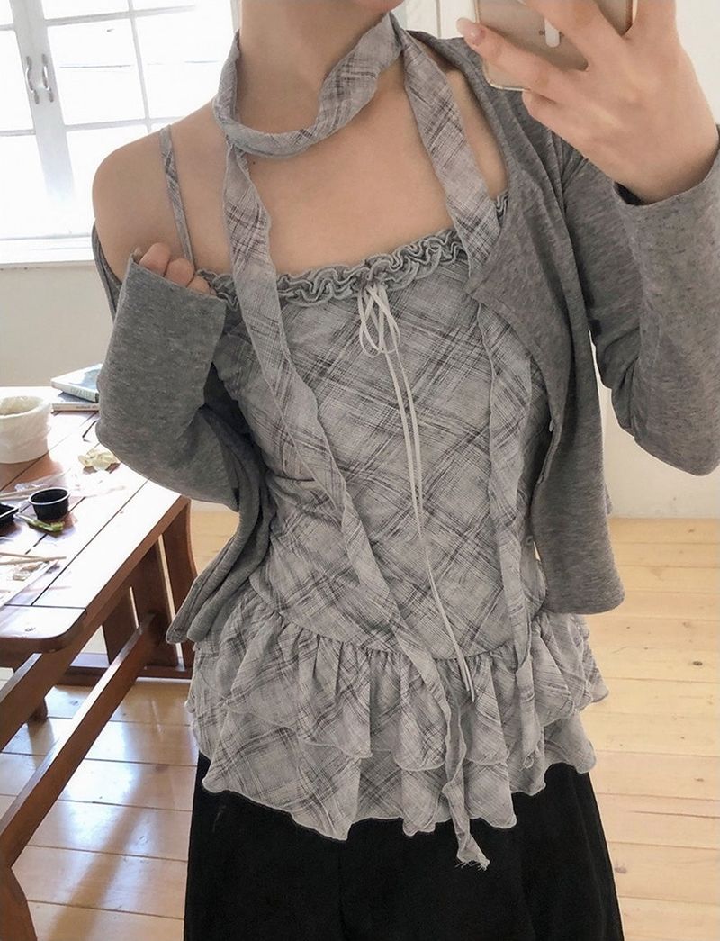 BN Check Frill Bustier + Cardigan + Tie Set (3color)