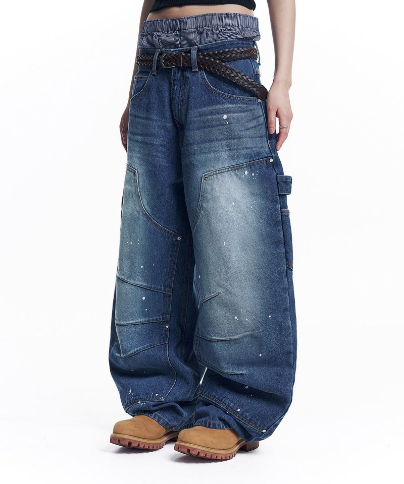 Curved Double Knee Denim Pants - Deep Blue