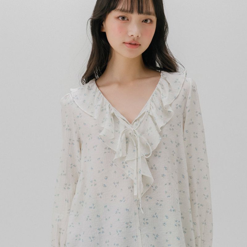 FRILL NECK FLORAL BLOUSE (IVORY)