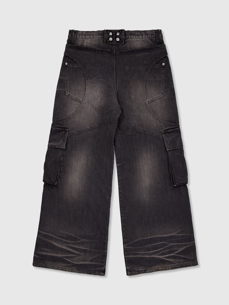 Circle Washing Denim Cargo Pants (Black)