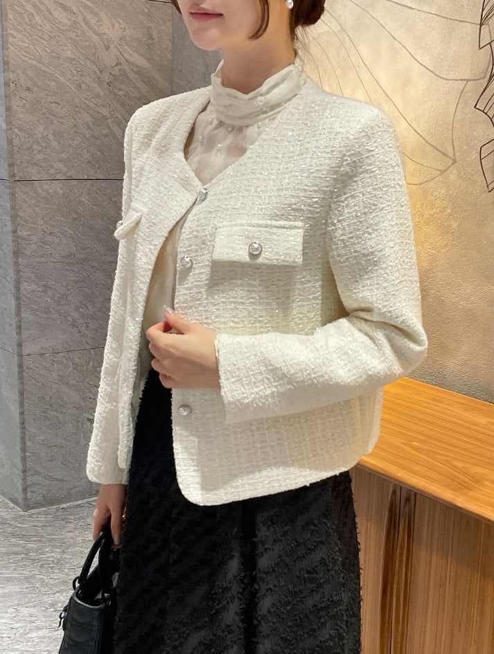 Schuet Round No-Collar Pearl Tweed Jacket