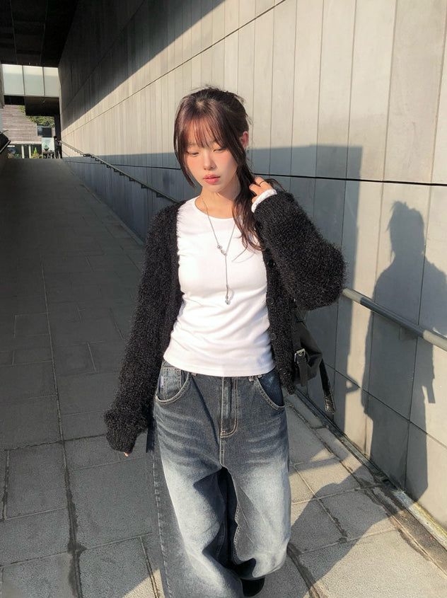 Bowling Hem Snap Wide Washing Denim Pants