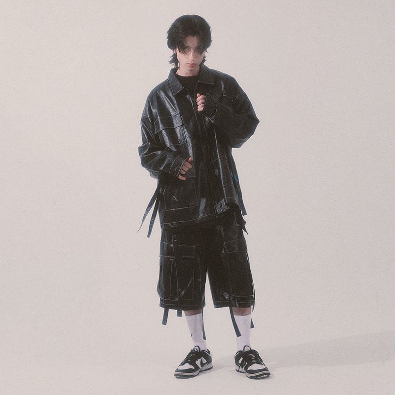 glossy strap shirt_black