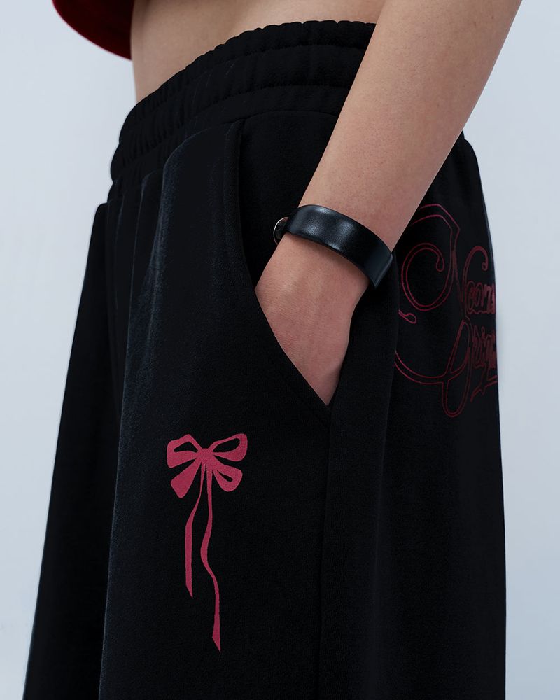 PINK RIBBON LOGO HALF PANTS-BLACK