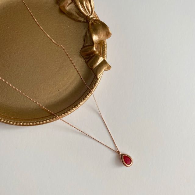 rr Silver 925 Rose Gold Natural Ruby Stone Water Drop Daily Necklace