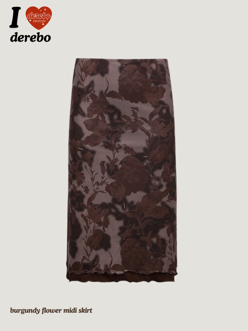 burgundy flower midi skirt