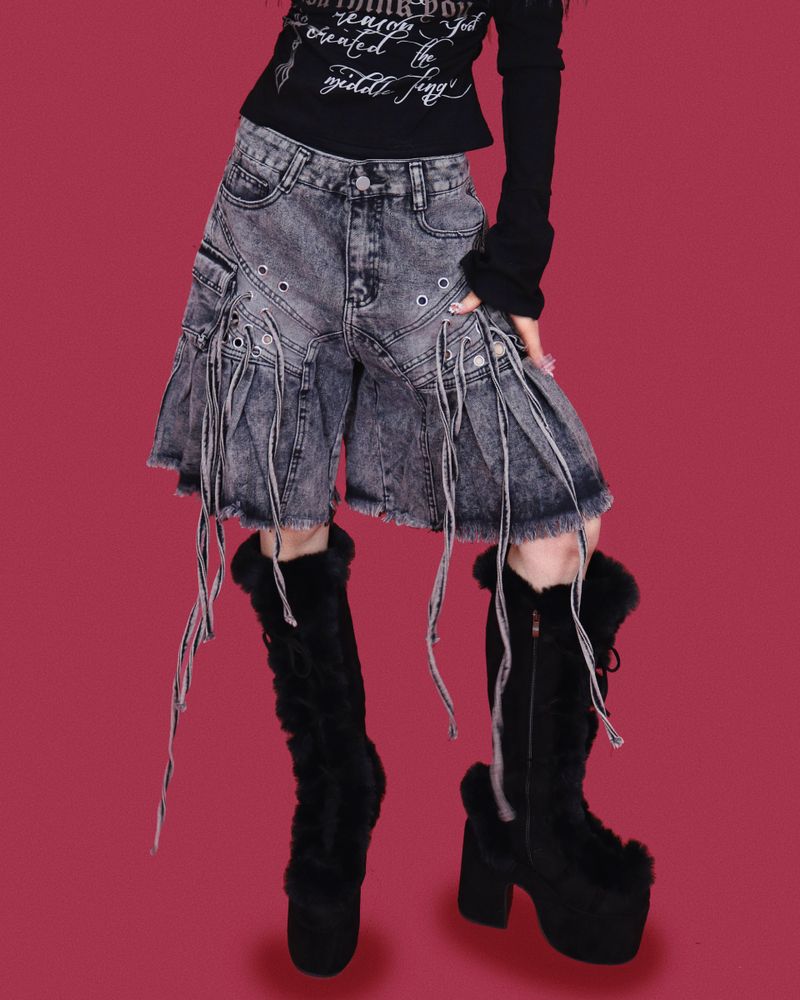 angry eyelet wide half pants - black