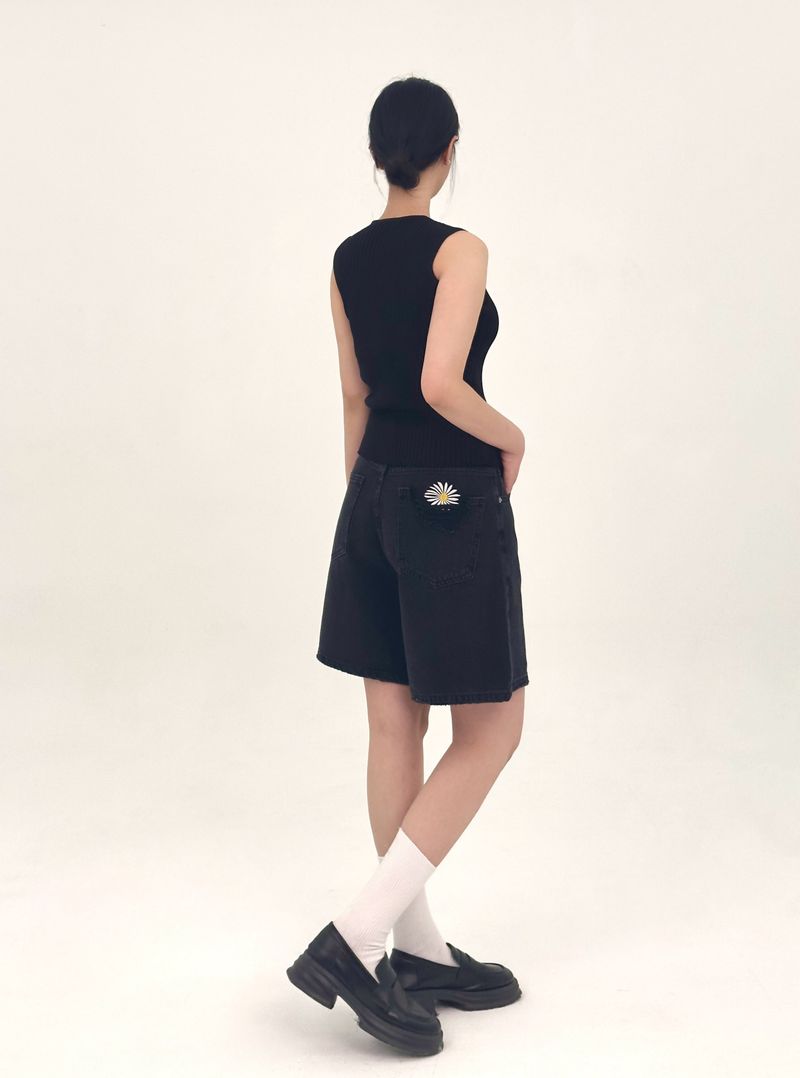  3RD REORDER HIP POCKET EMBROIDERY BLACK DENIM SHORTS LONG VERSION code 25106