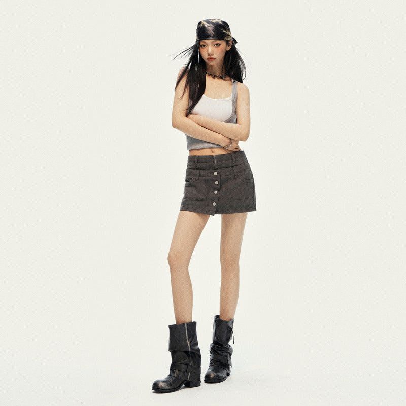 Double Waist Denim A-Line Mini Pants Skirt
