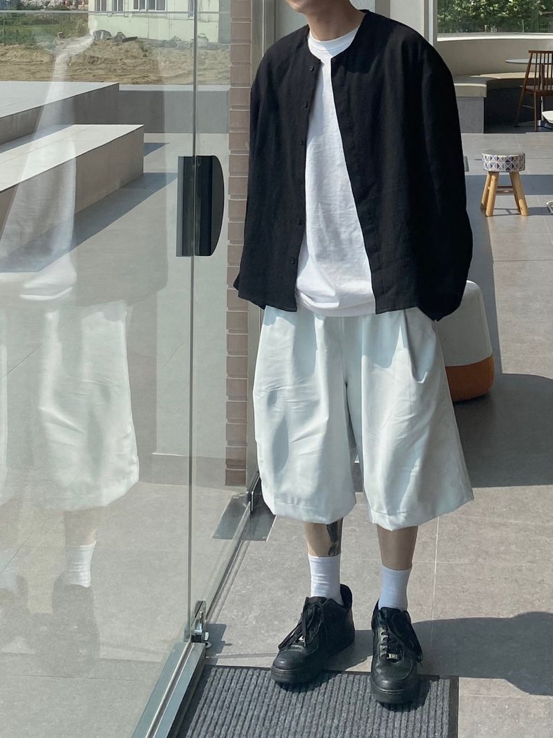 Hidden button linen wide set up-shirts 2C