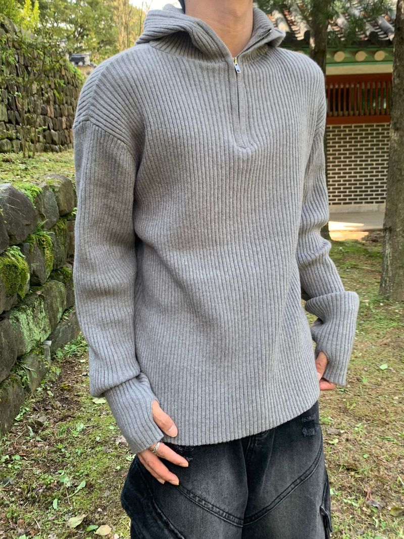 Rib Hood Half Zip-Up Knit