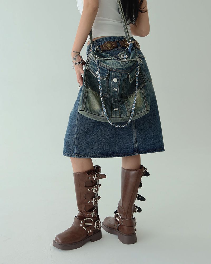 denim pocket chain cross shoulder bag