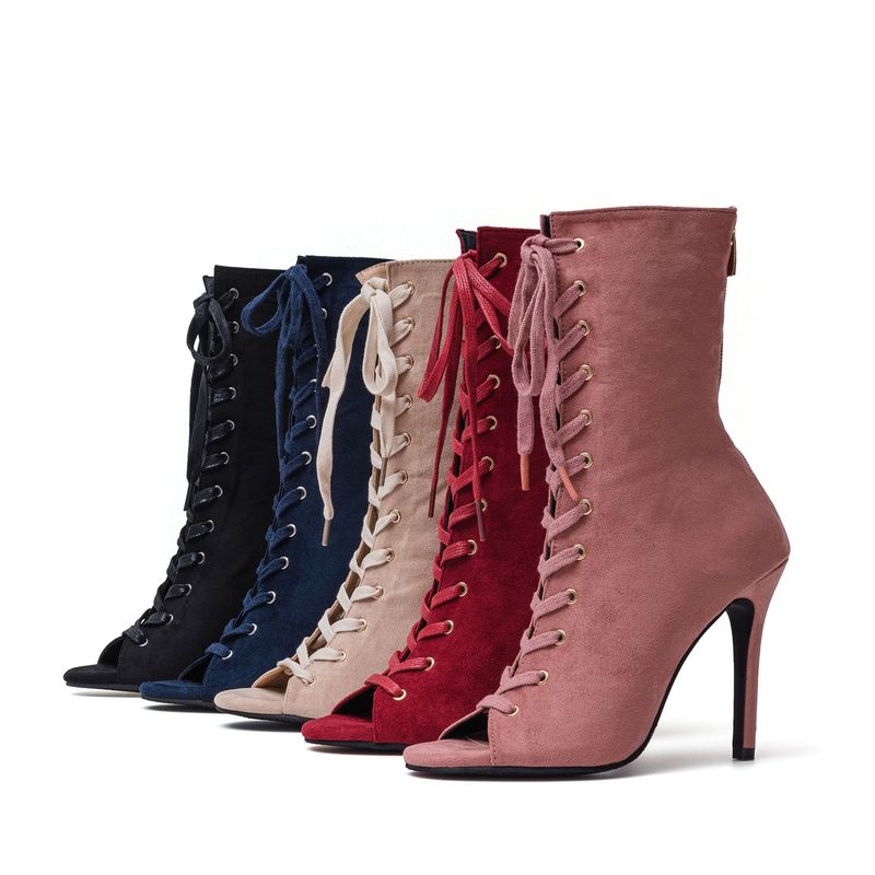 Suede Lace-Up Open Toe Heel(Black)