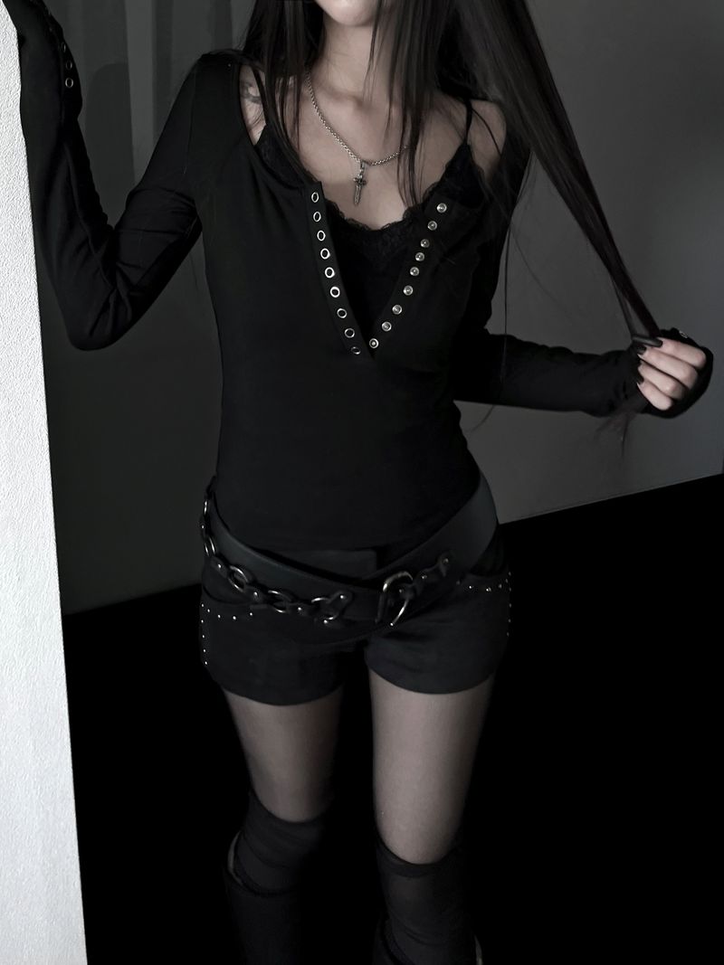 rock chic black button long sleeve T