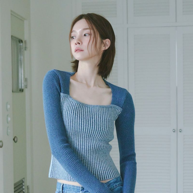 LAYERED SQUARE NECK KNIT - DARK BLUE