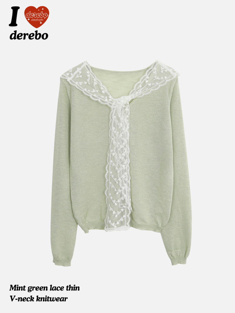 Mint green lace thin V-neck knitwear