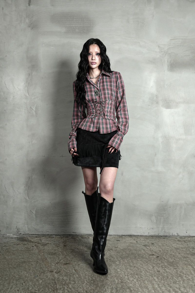 CHECK CORSET SHIRT #PINK GRAY