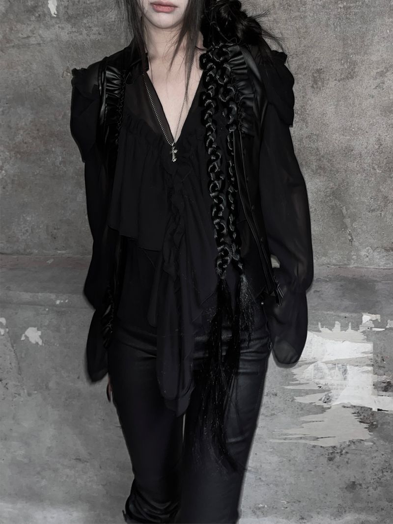 chiffon ruffle v-neck sheer blouse (2color)