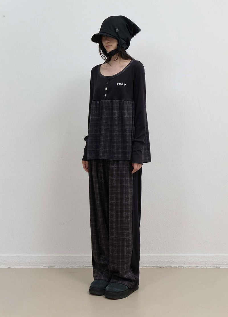 Check Sleep Jersey Pants / Black