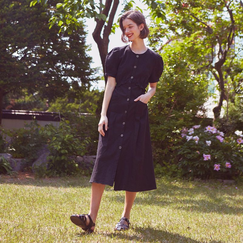 Single Button Linen Puff Dress