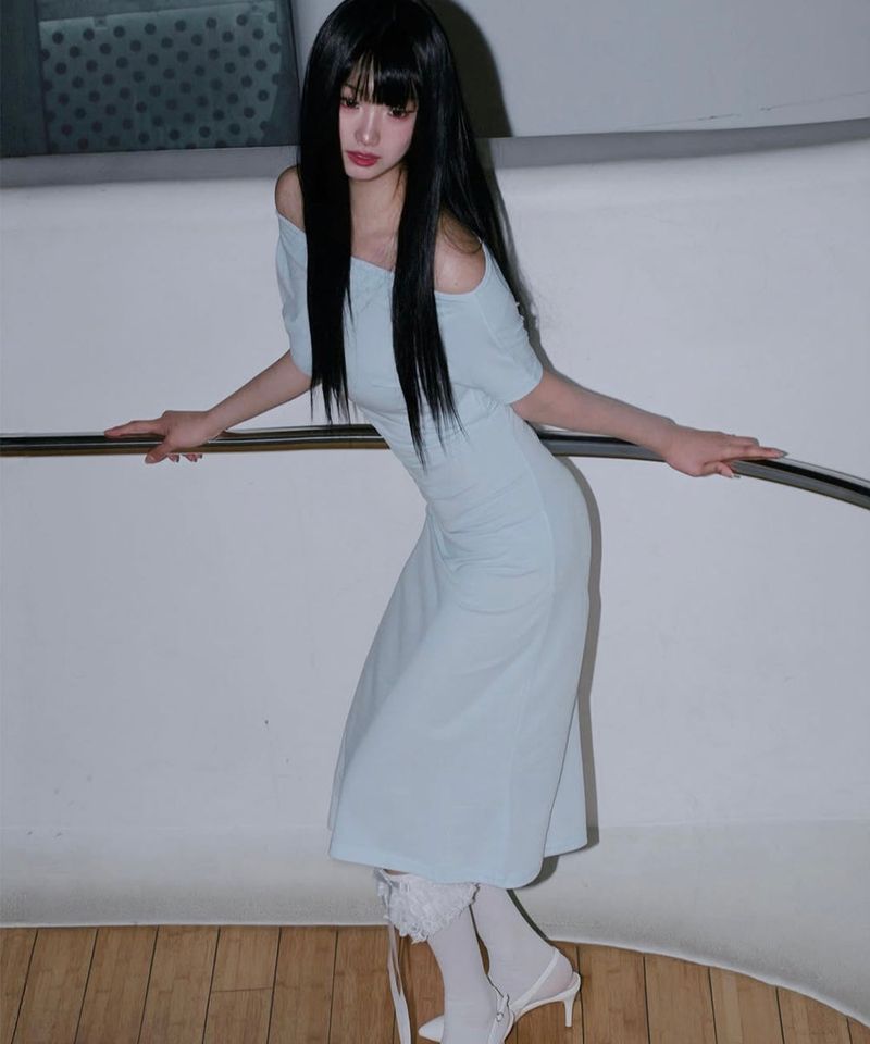 Off-Shoulder Slit Long Onepiece Sky Blue