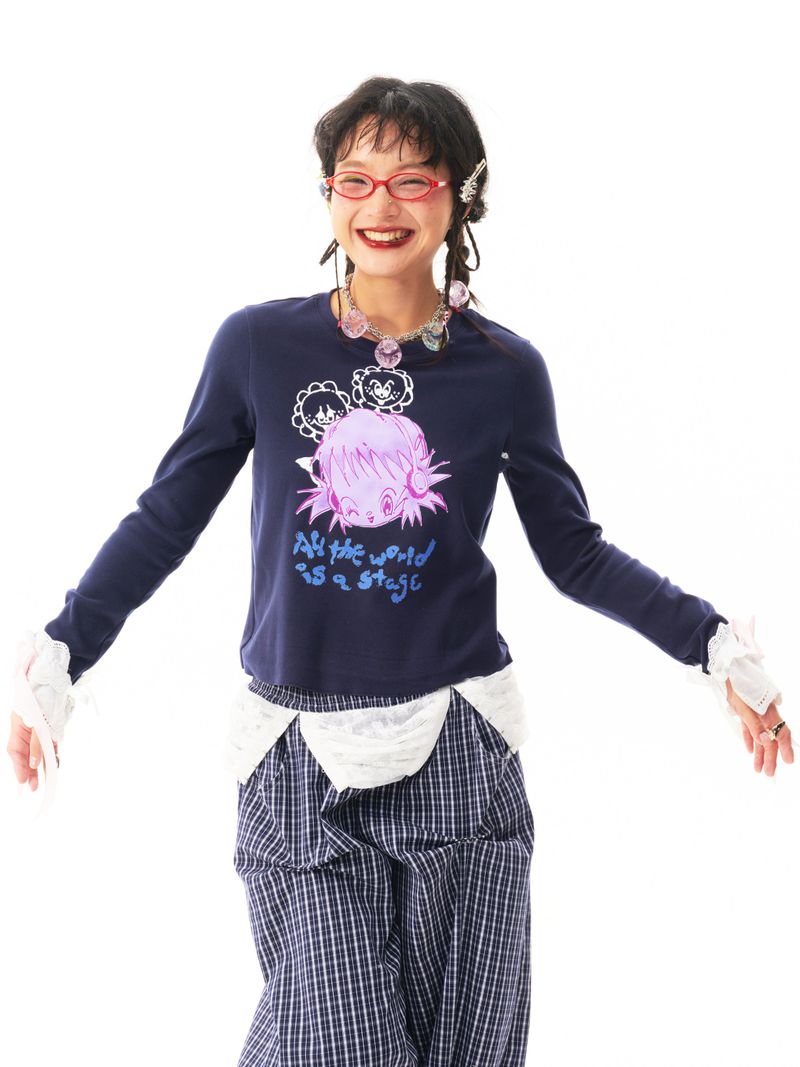Sillysis（シリシス）の「sillysis ネイビーブルーの女の子用プリントストレッチニット長袖インナー薄手Tシャツ（トップス）」