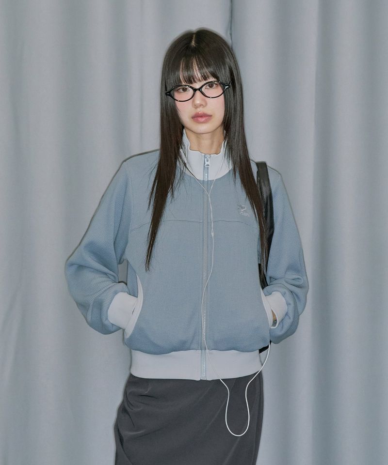 Sporty Waffle Round Pocket Zip-Up - DUSTY BLUE