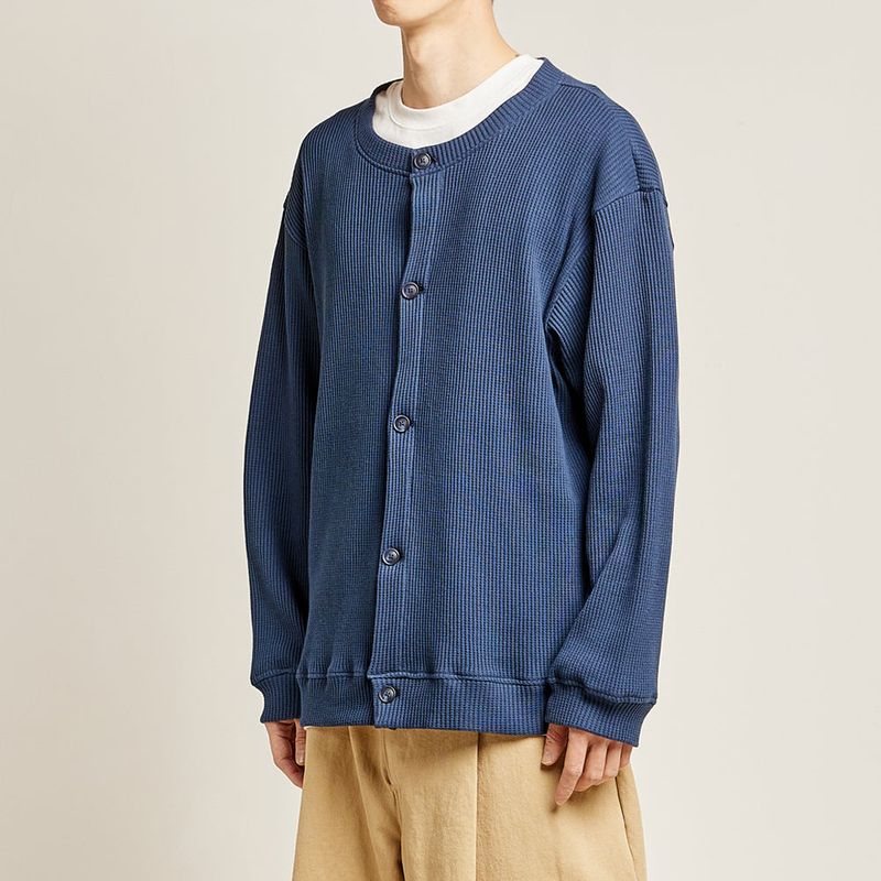 DAMP ROUND-NECK WAFFLE CARDIGAN_NAVY