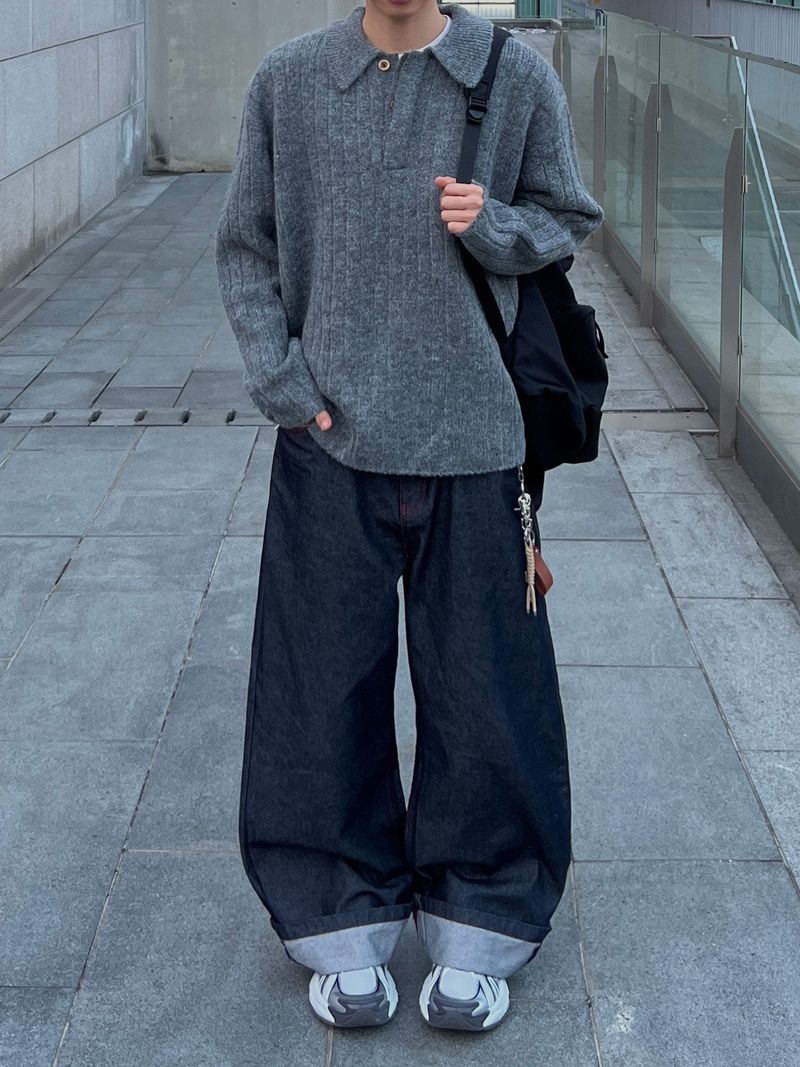 Stitch Cuffing Wide Denim Pants (M, L)