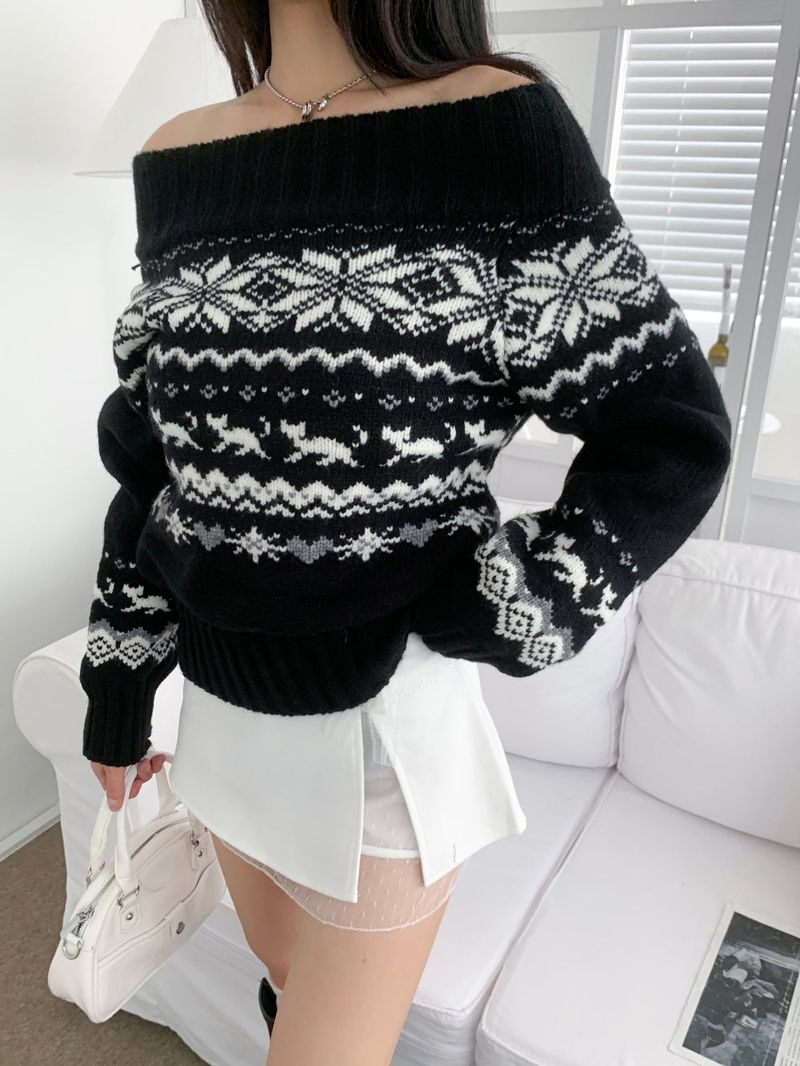 Snowfield Nordic Pattern Off-Shoulder Knit Top (Black)