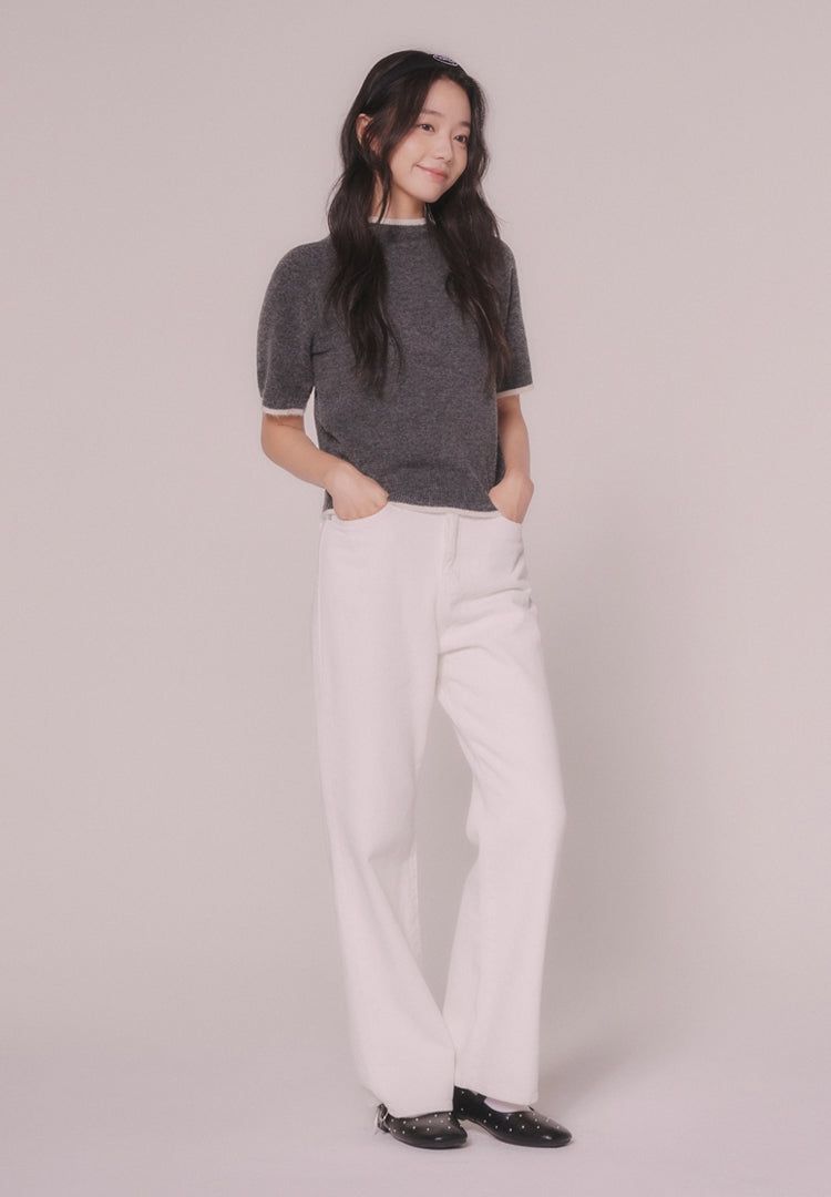 LINE BOUCLE KNIT SHORT-SLEEVED TOP (DEEP GRAY)