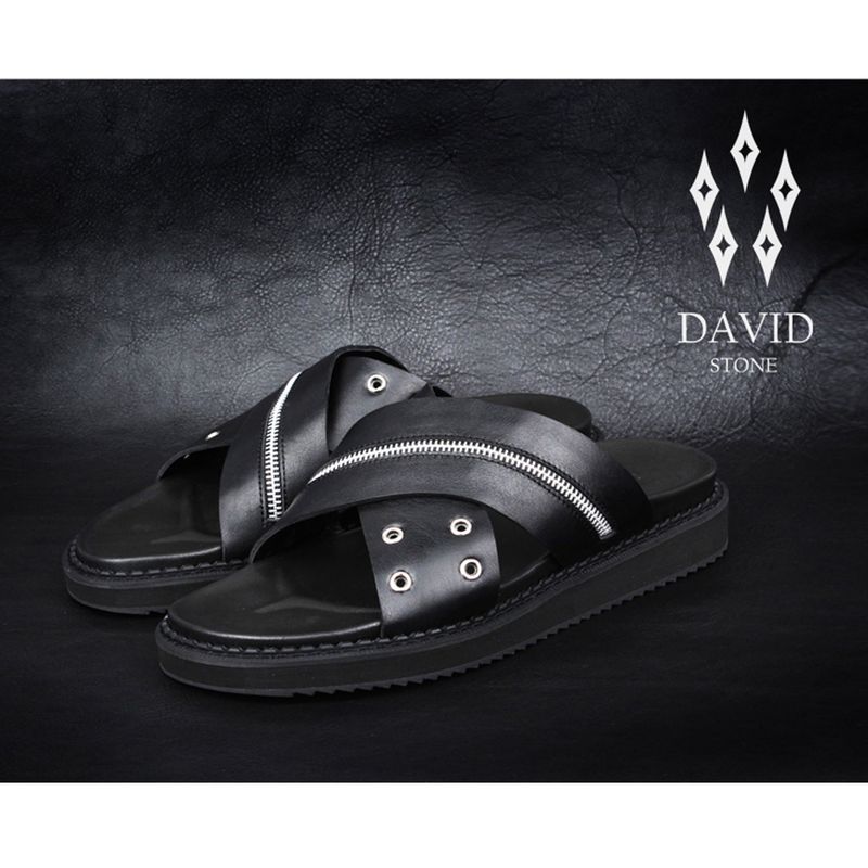 DAVID STONE ZIPPER X RING LEATHER CROSS SANDALS