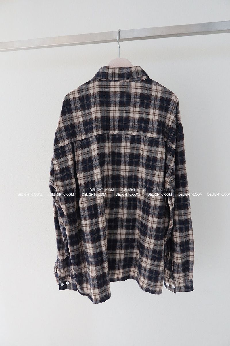 a navy checkered shirt