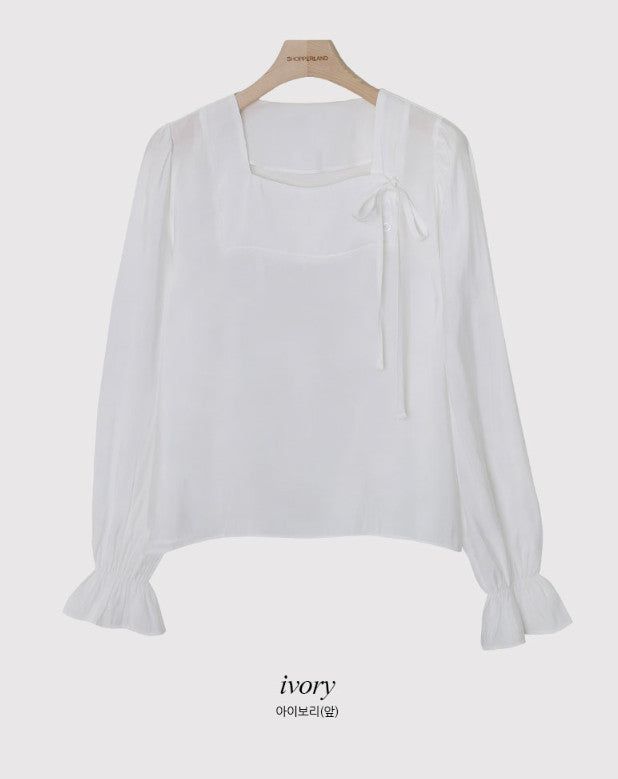 Silky Square Ribbon Frill Blouse (3color)