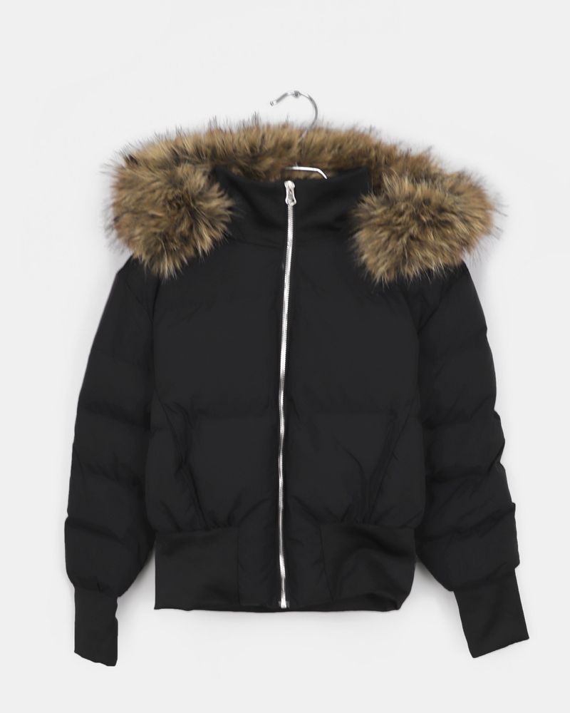 Eru Ribbed-hem Fur Hooded Short Padding Jacket