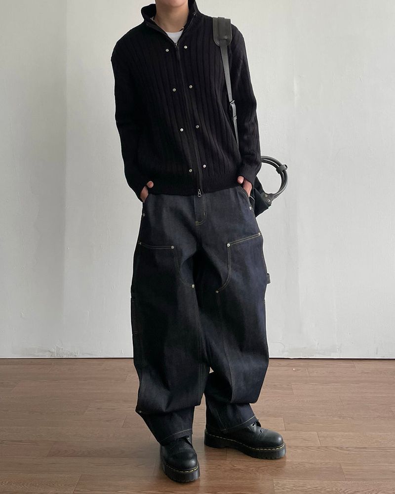 Dot Rivet Ribbed Knit Zip-up