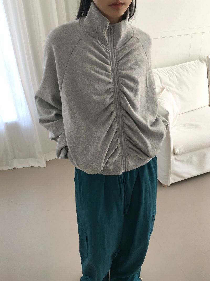 Fringe shirring pleated high neck zip-up