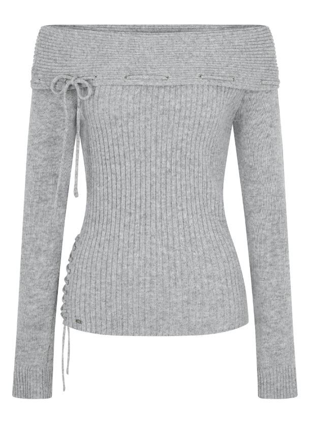 Eyelet String Off-Shoulder Knit T